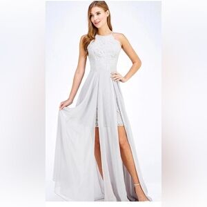 Elegant Light Gray Lace Overlay Evening Dress Maniju